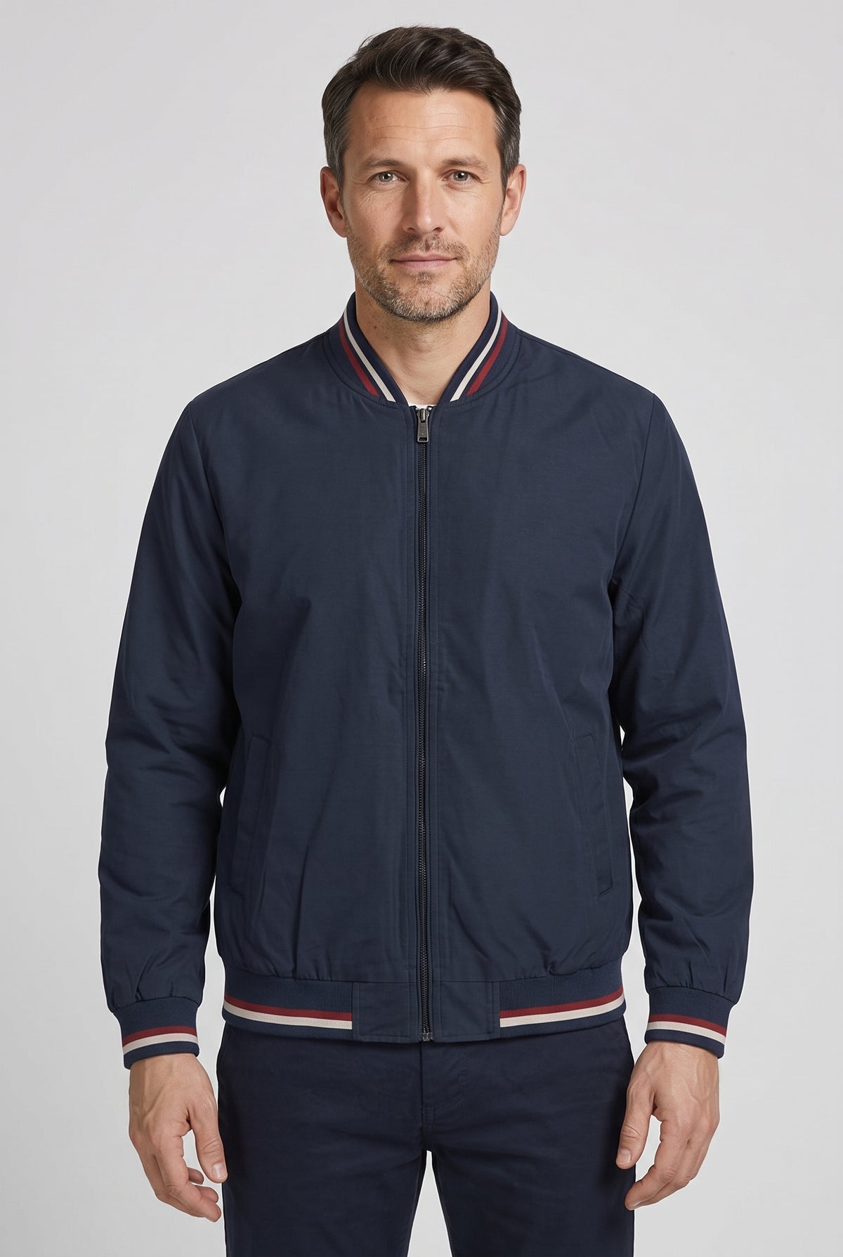 Men's Bomber Jacket | Tipped Rib Trim Zip-Up - Navy