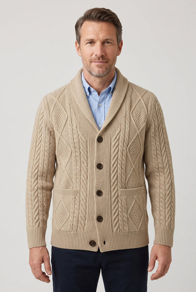 Men's Cardigan | Shawl Collar Cable Knit with Patch Pockets - Beige