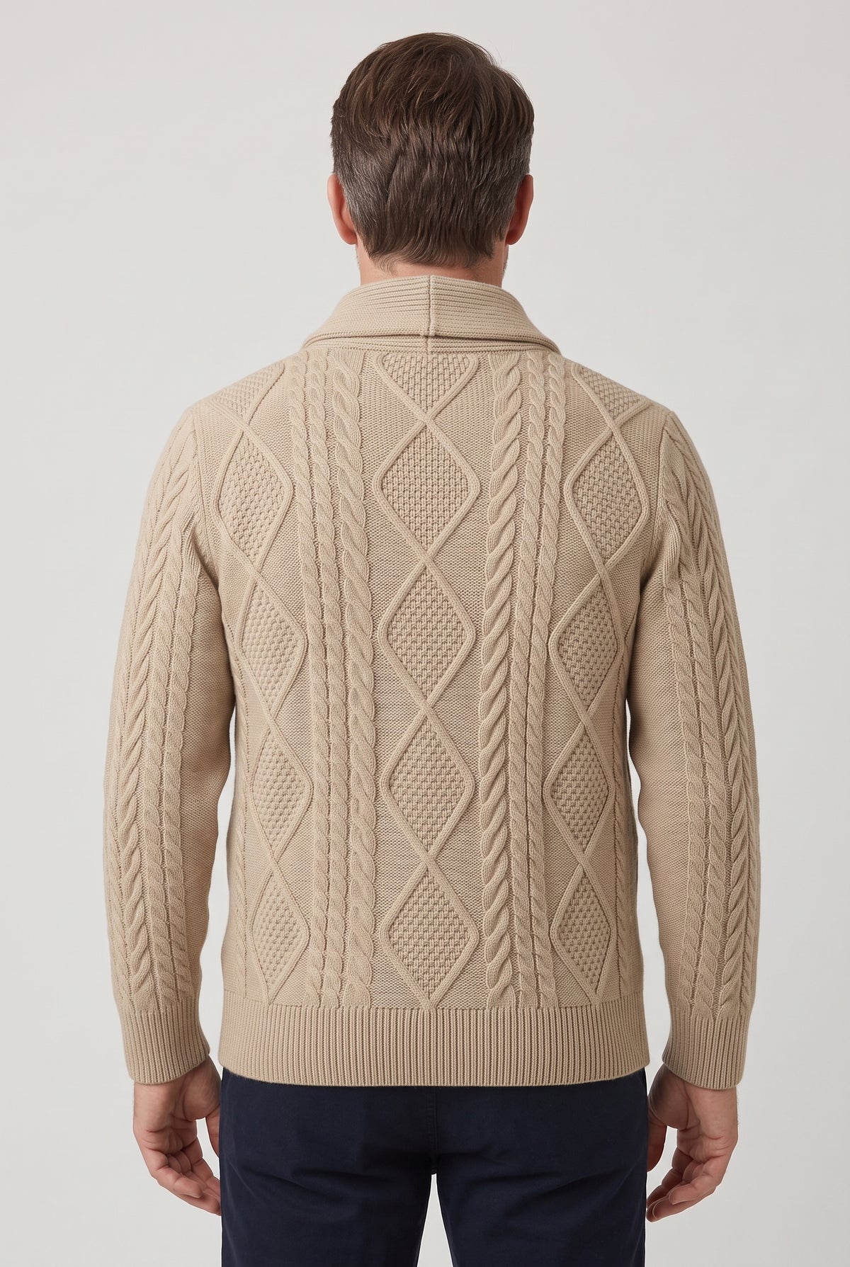 Men's Cardigan | Shawl Collar Cable Knit with Patch Pockets - Beige back