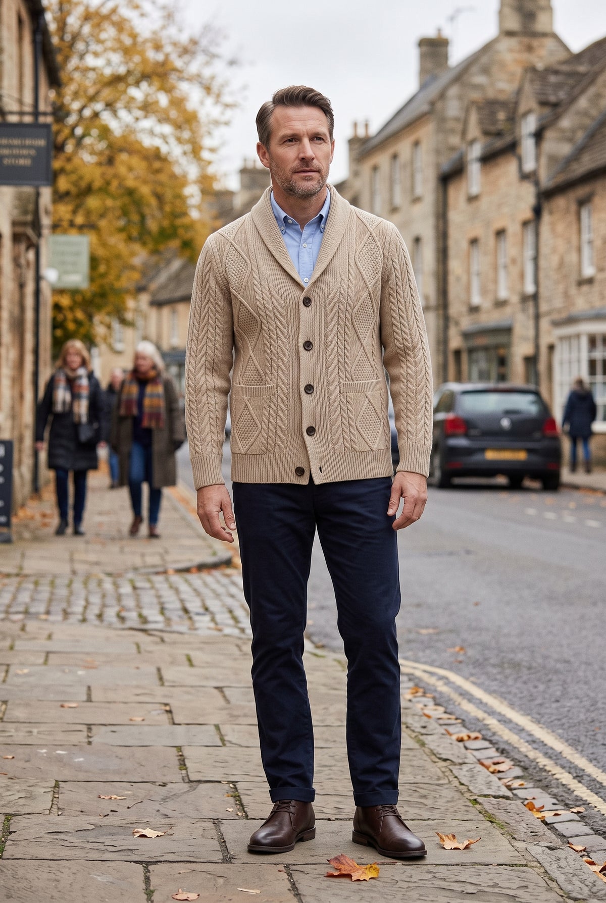 Men's Cardigan | Shawl Collar Cable Knit with Patch Pockets - Beige lifestyle