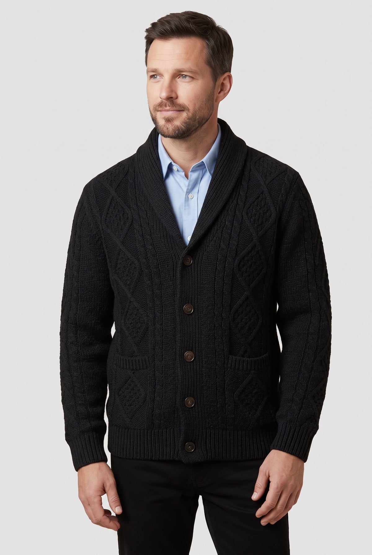 Men's Cardigan | Shawl Collar Cable Knit with Patch Pockets - Black