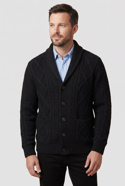 Men's Cardigan | Shawl Collar Cable Knit with Patch Pockets - Black