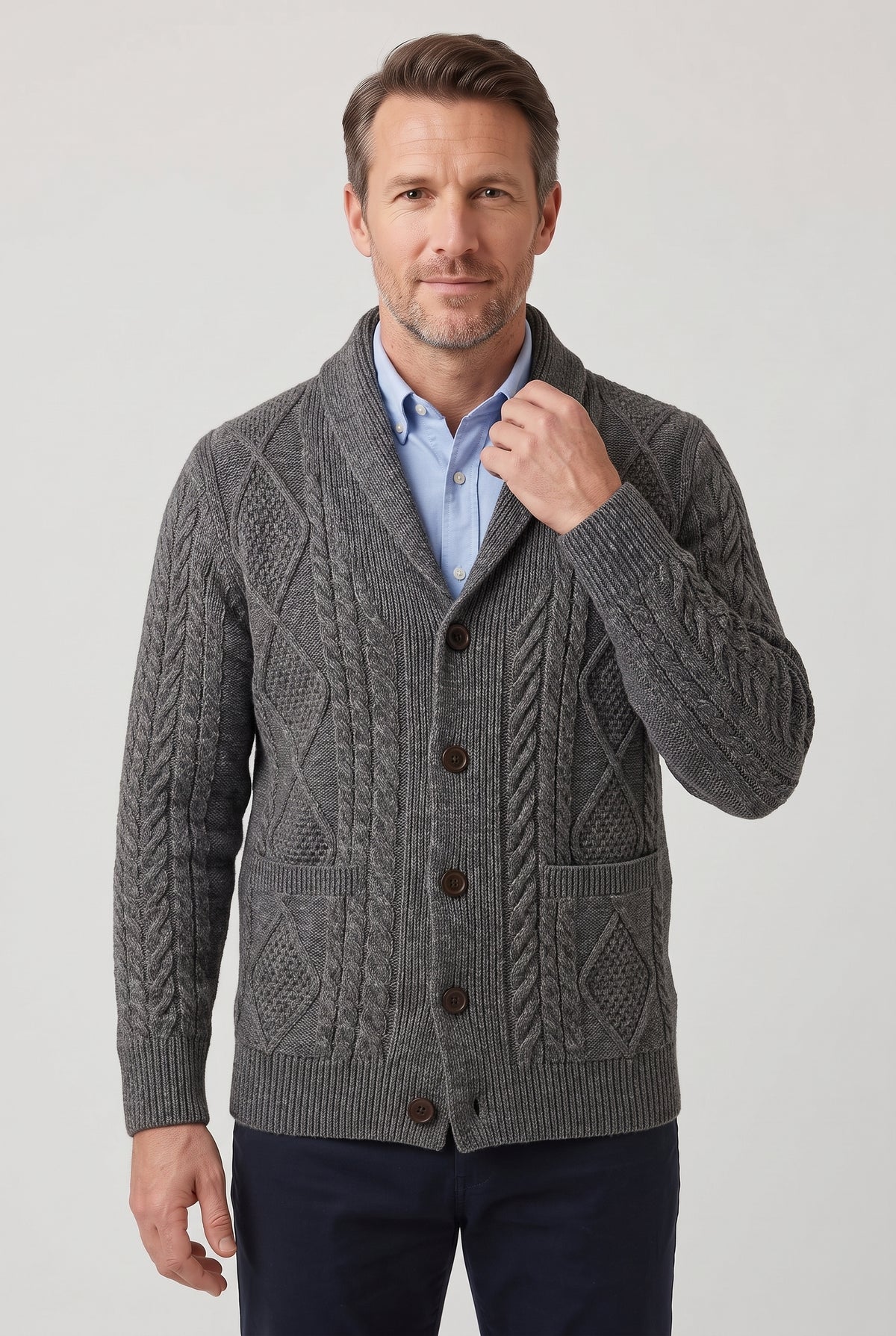 Men's Cardigan | Shawl Collar Cable Knit with Patch Pockets - Dark Grey