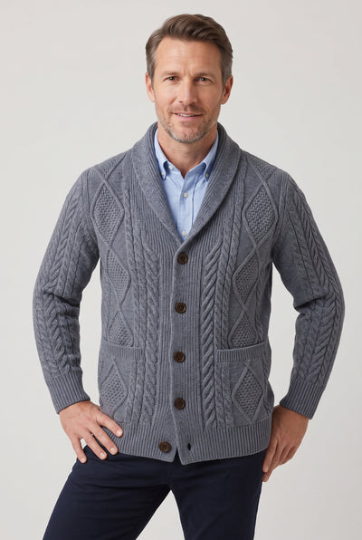 Men's Cardigan | Shawl Collar Cable Knit with Patch Pockets - Grey