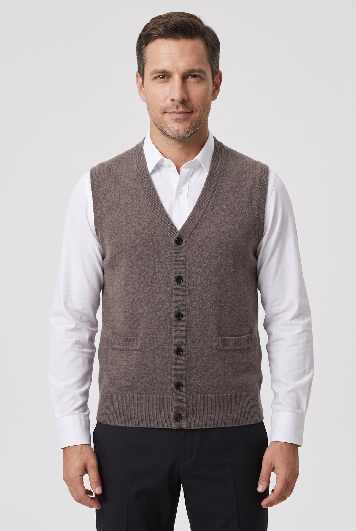 Men's Cardigan | Sleeveless V-Neck Button-Up - Mocha