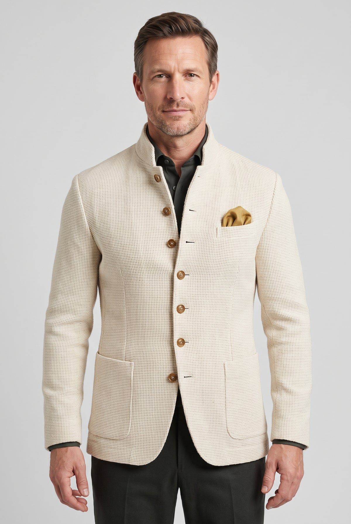 Men's Cardigan | Textured Knit with Stand Collar - White