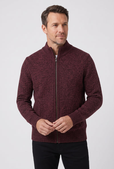 Men's Cardigan | Zip-Through with Stand Collar - Burgundy