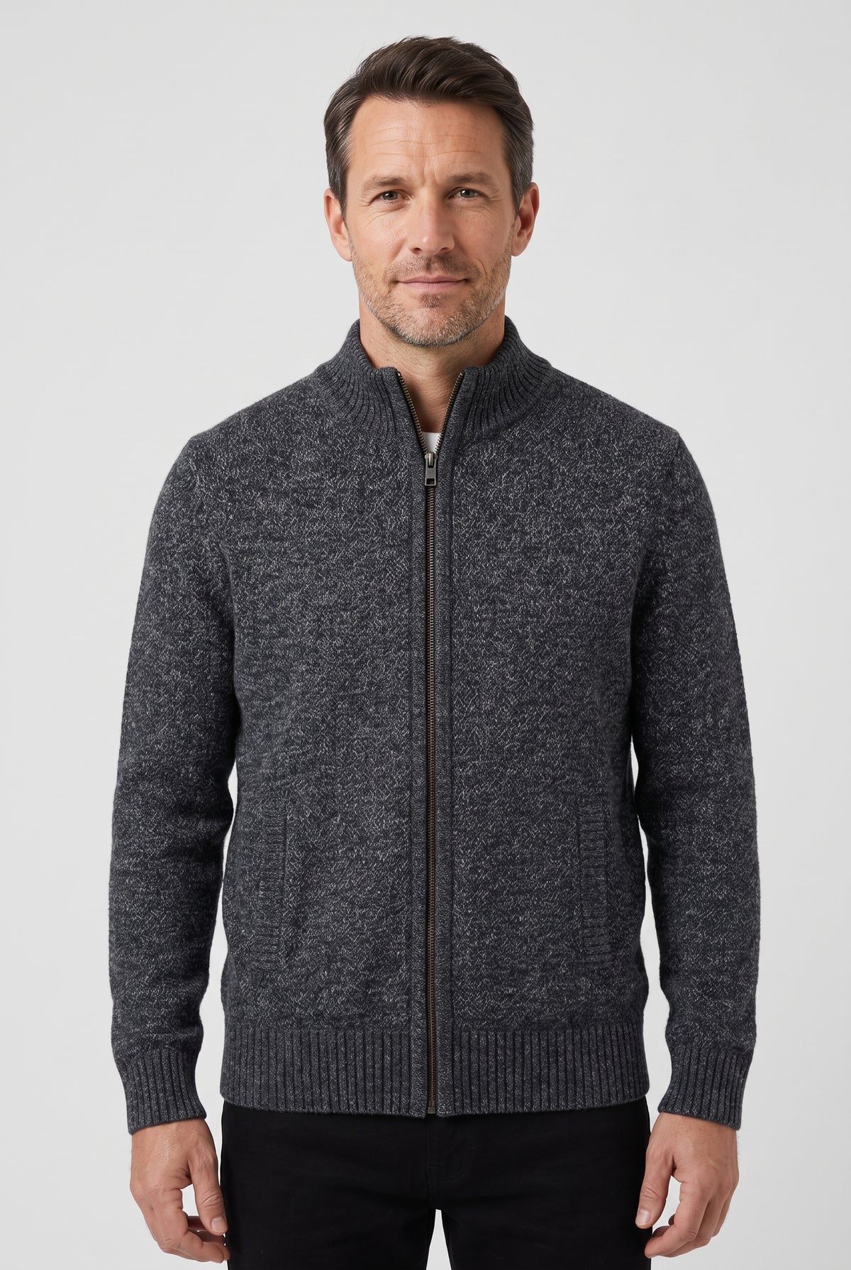 Men's Cardigan | Zip-Through with Stand Collar - Charcoal