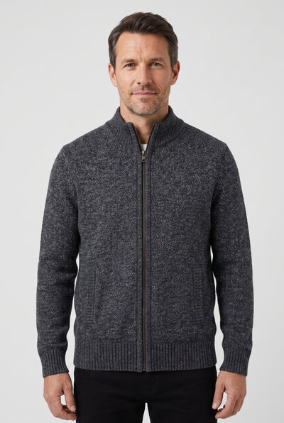 Men's Cardigan | Zip-Through with Stand Collar - Charcoal