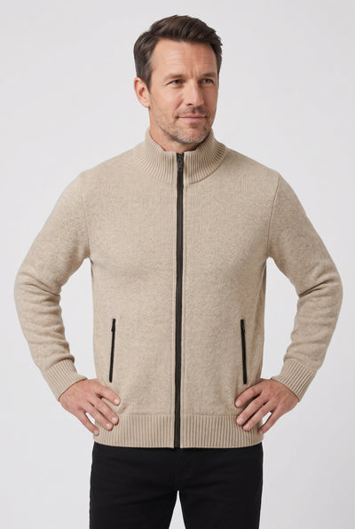 Men's Cardigan | Zip-Through with Stand Collar - Oatmeal