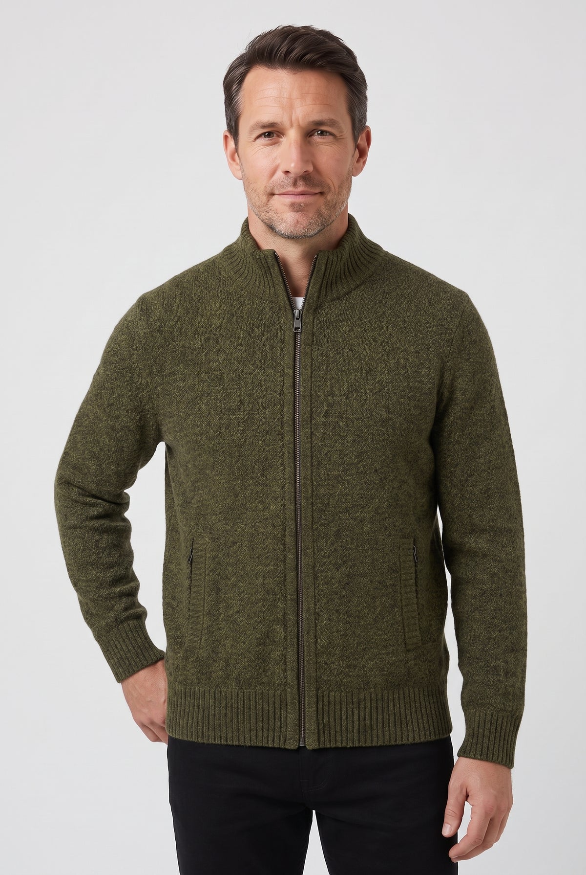 Men's Cardigan | Zip-Through with Stand Collar - Olive