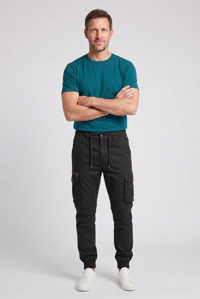 Men's Cargo Trousers | Tapered Jogger Style with Cuffed Hem - Black