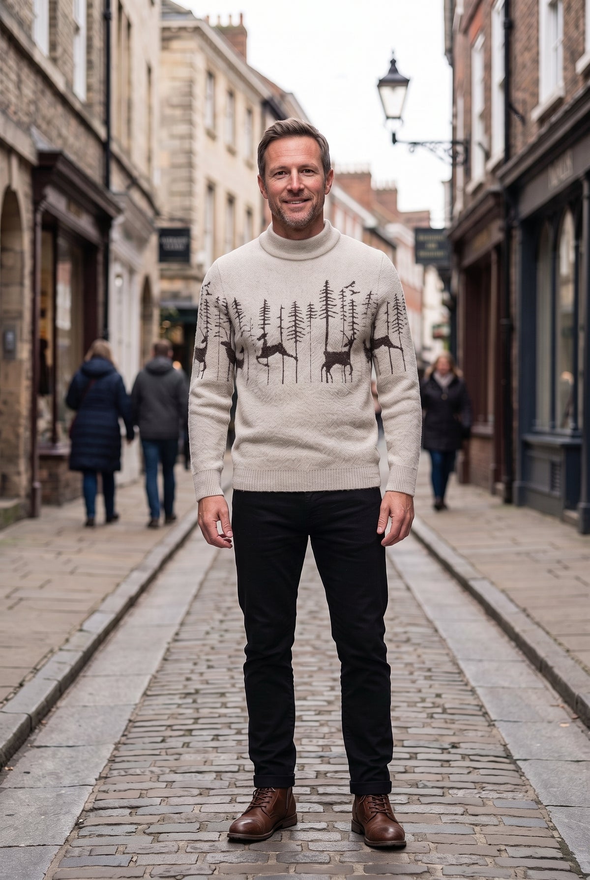 Men's Christmas Jumper | Reindeer and Forest Knit - Beige lifestyle