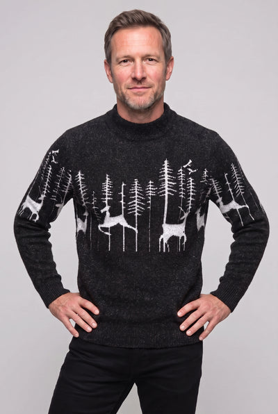 Men's Christmas Jumper | Reindeer and Forest Knit - Black
