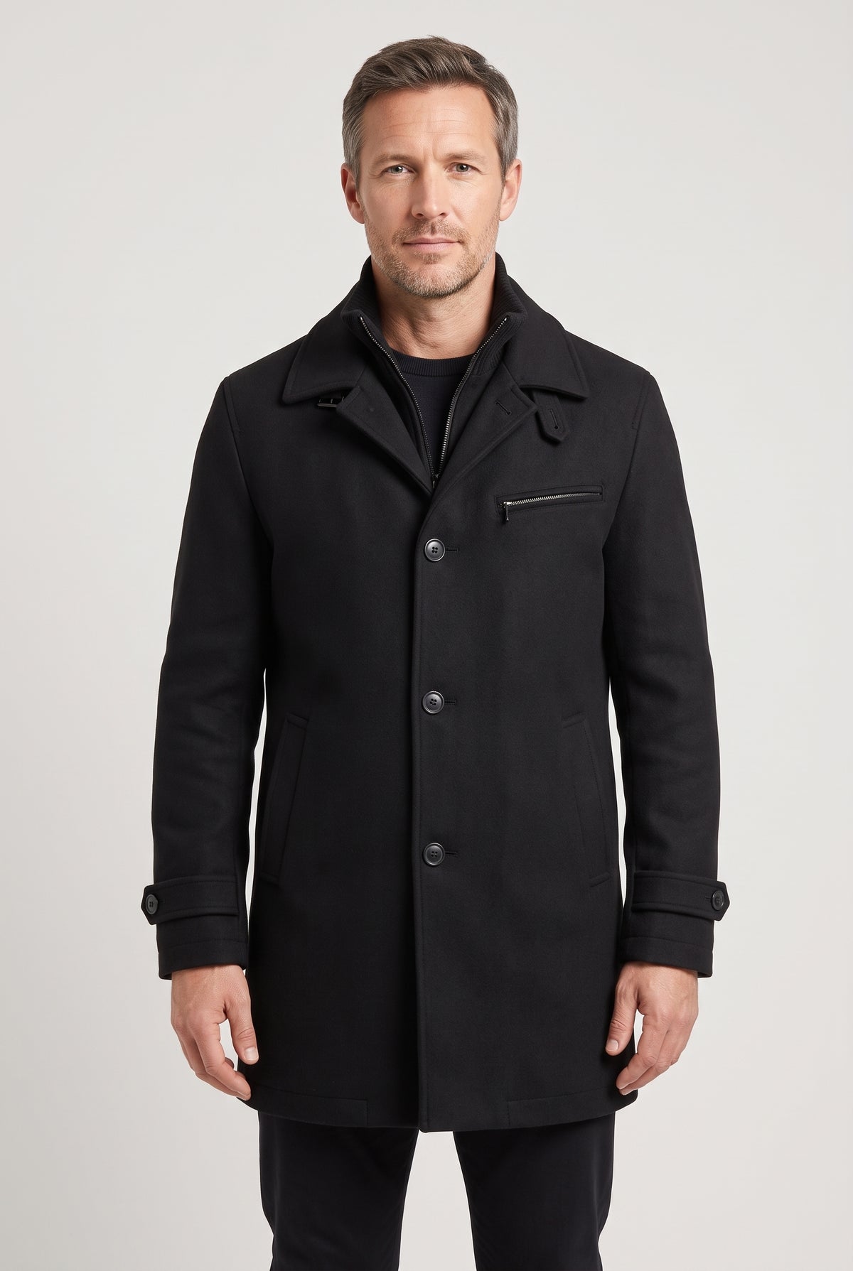 Men's Coat | Double Collar with Button Cuff Tabs - Black