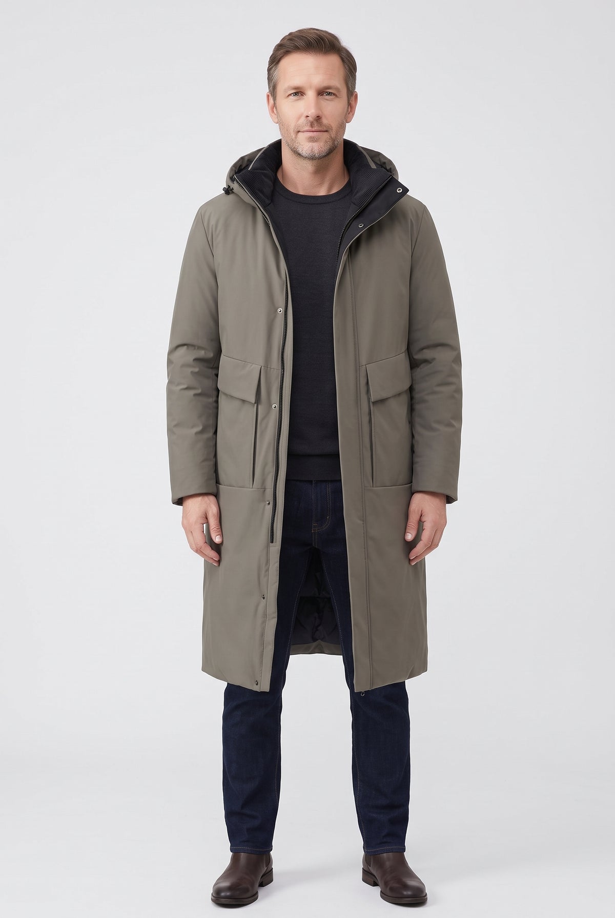 Men's Coat | Longline Padded with Hood - Grey