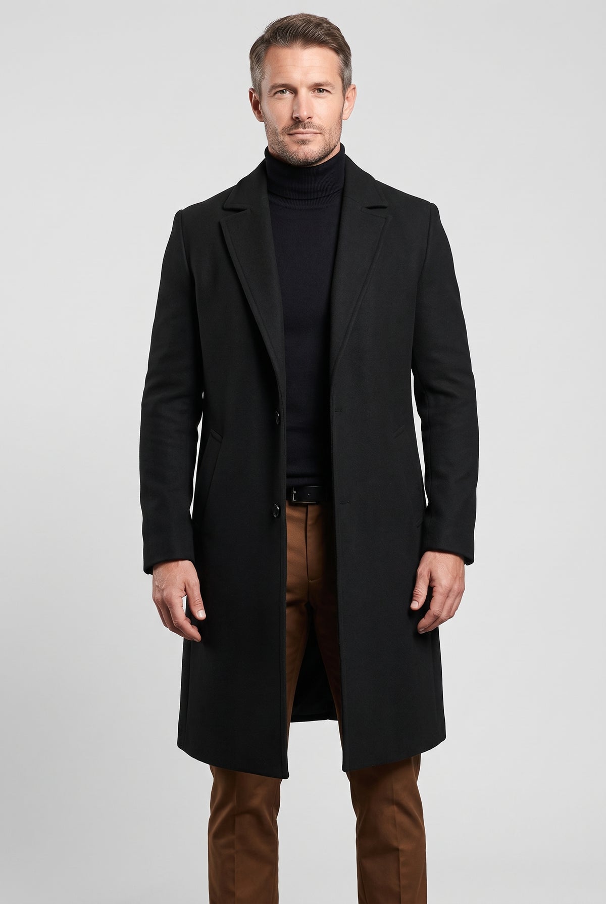 Men's Coat | Longline Single-Breasted Notch Lapel - Black