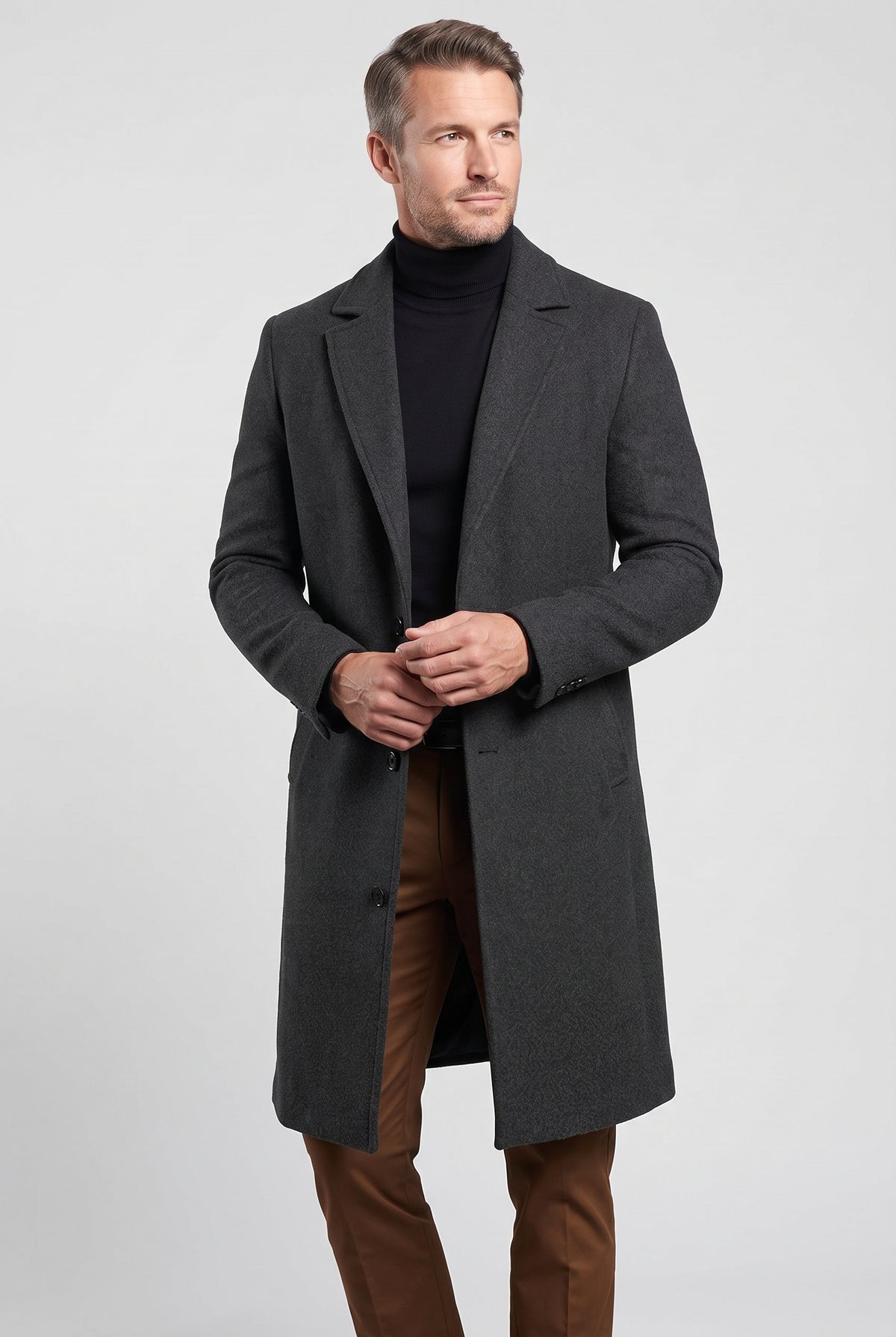 Men's Coat | Longline Single-Breasted Notch Lapel - Charcoal