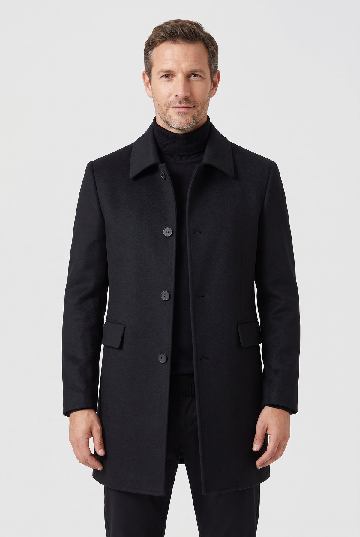 Men's Coat | Mid-Length with Point Collar and Quilted Lining - Black