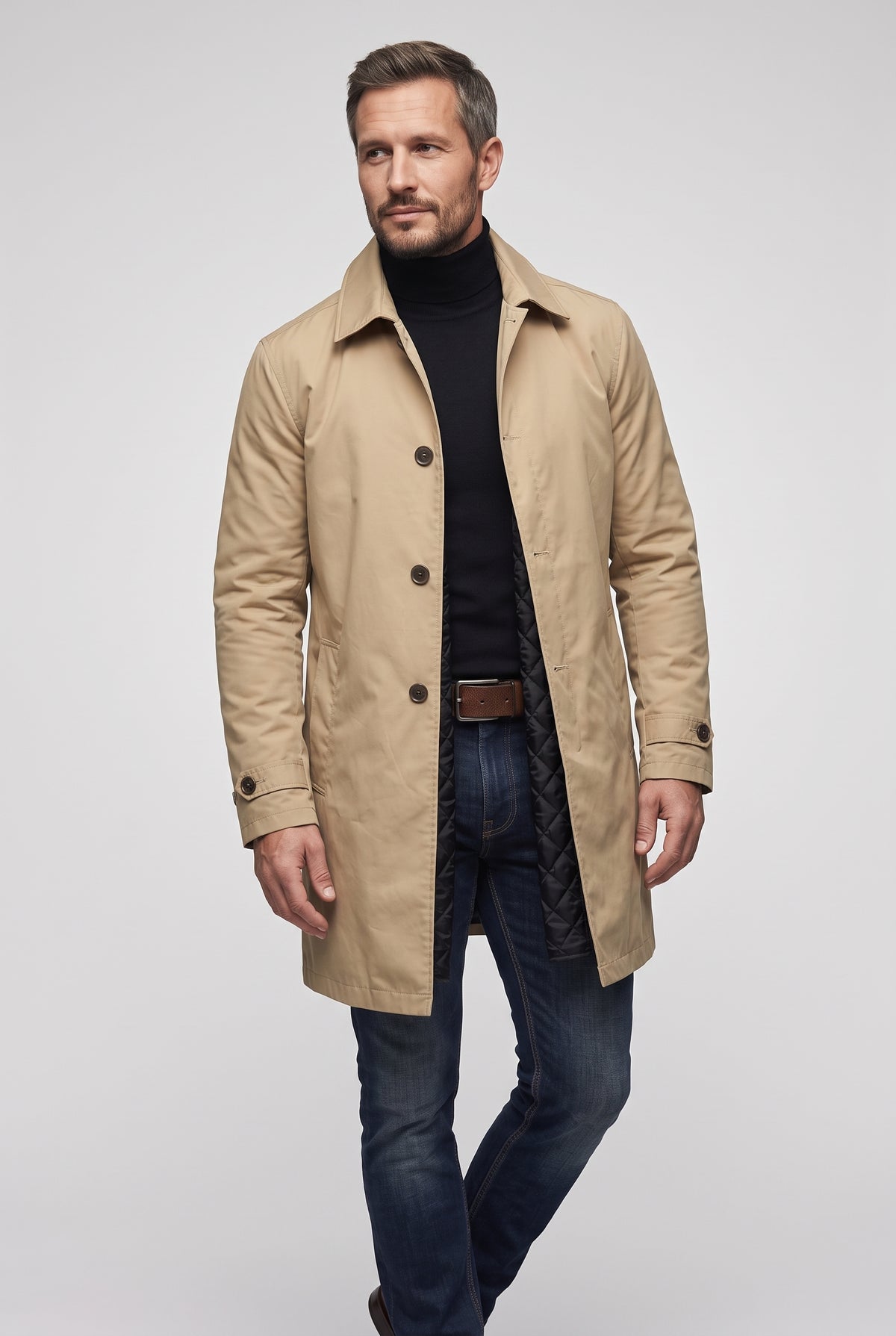 Men's Coat | Point Collar Mac with Quilted Lining - Stone