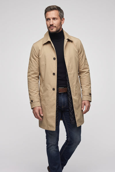Men's Coat | Point Collar Mac with Quilted Lining - Stone