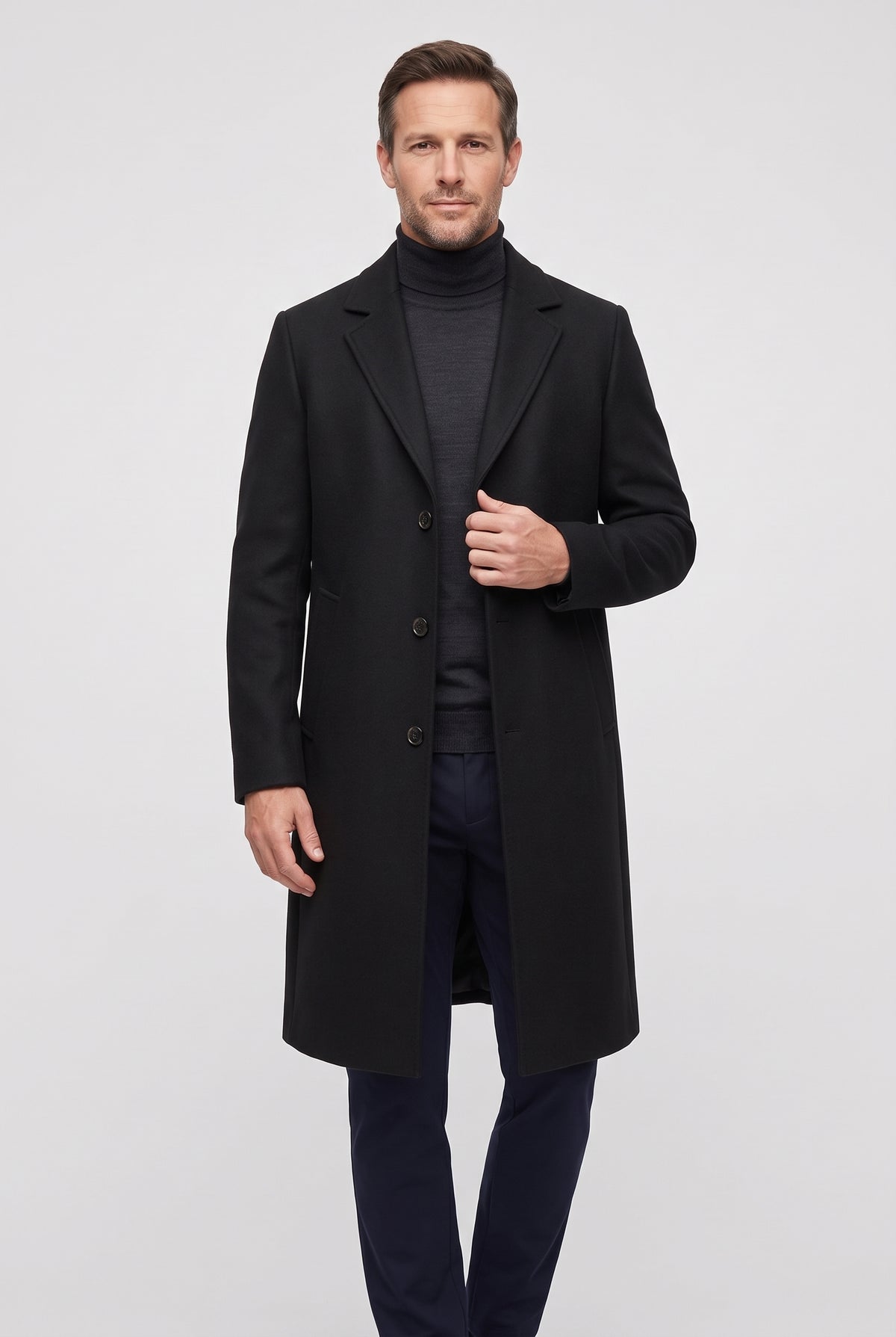 Men's Coat | Single-Breasted Long Overcoat - Black