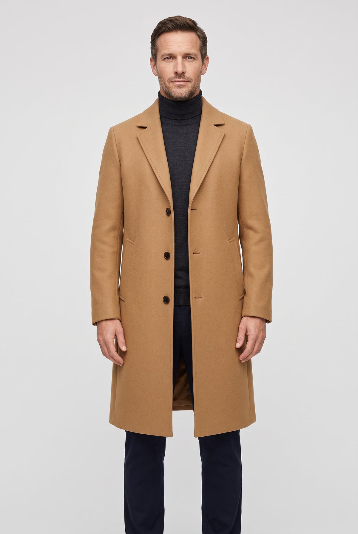 Men's Coat | Single-Breasted Long Overcoat - Camel