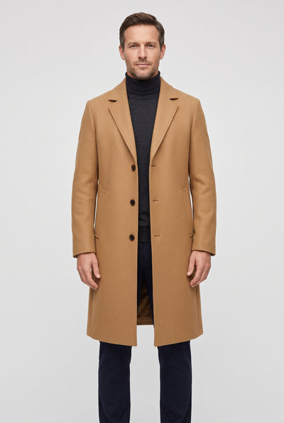 Men's Coat | Single-Breasted Long Overcoat - Camel