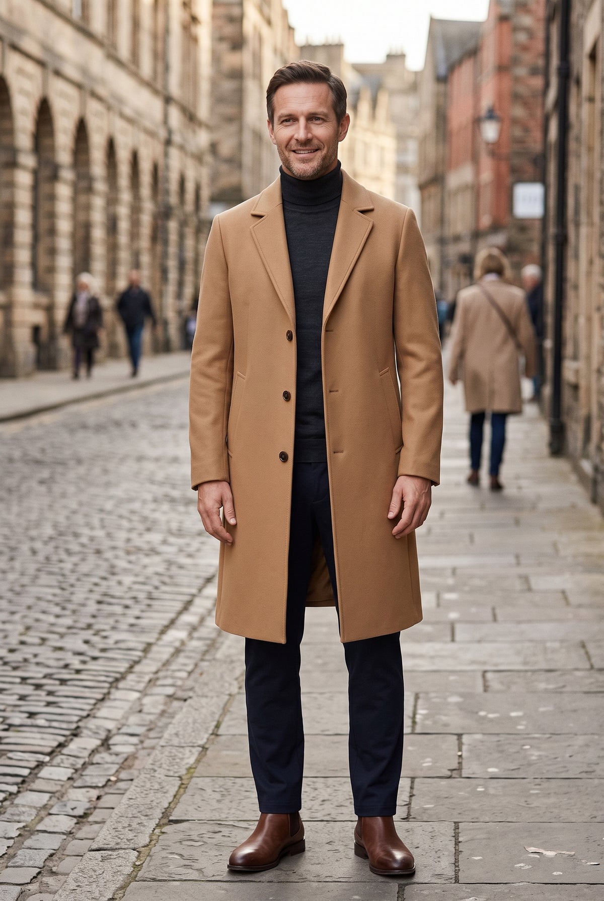 Men's Coat | Single-Breasted Long Overcoat - Camel lifestyle