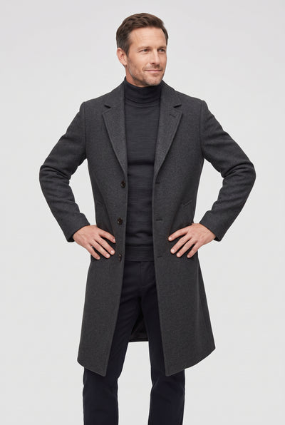 Men's Coat | Single-Breasted Long Overcoat - Charcoal