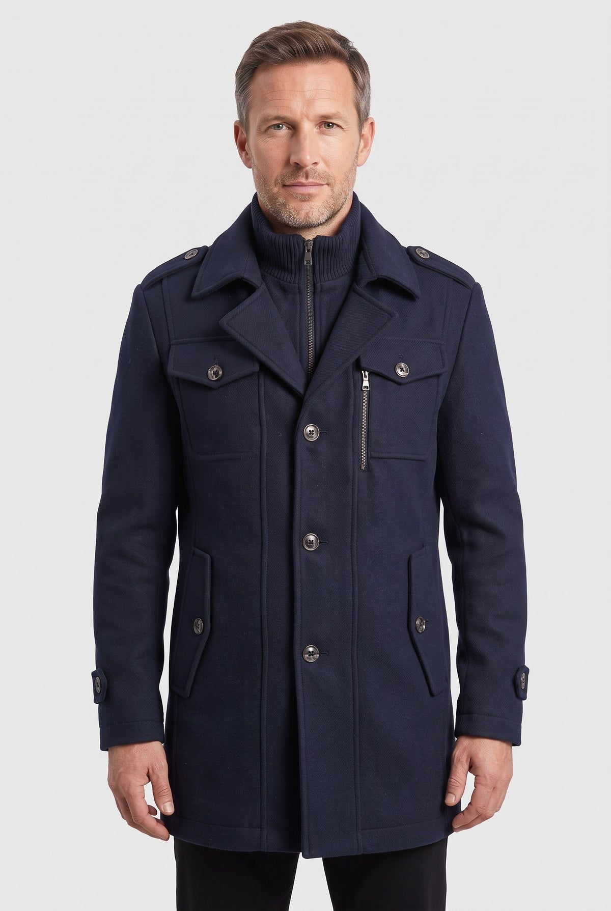 Men's Coat | Zip Bib Double Collar with Epaulettes - Navy