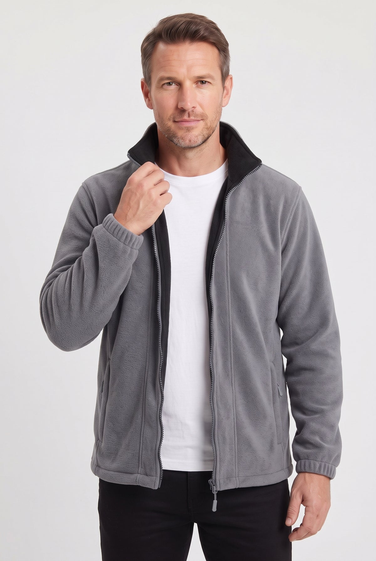 Men's Fleece Jacket | Stand Collar with Contrast Lining - Grey