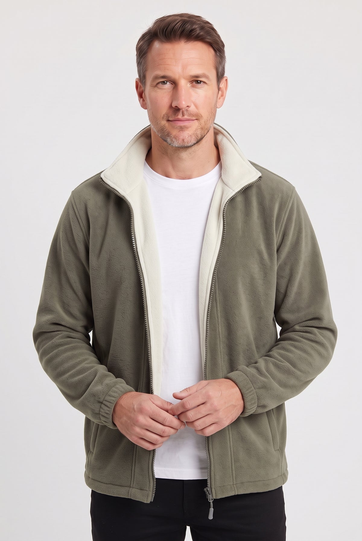 Men's Fleece Jacket | Stand Collar with Contrast Lining - Khaki
