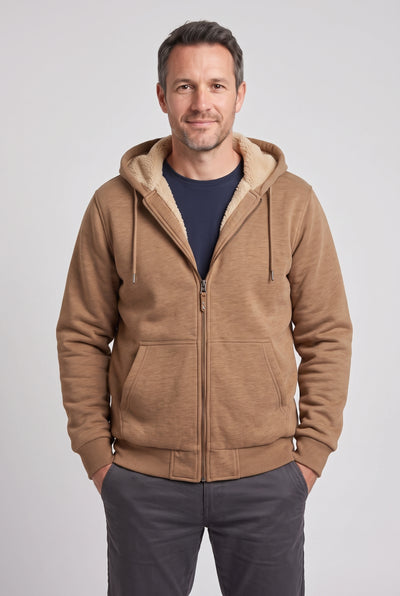 Men's Hoodie | Borg-Lined Zip-Up - Brown