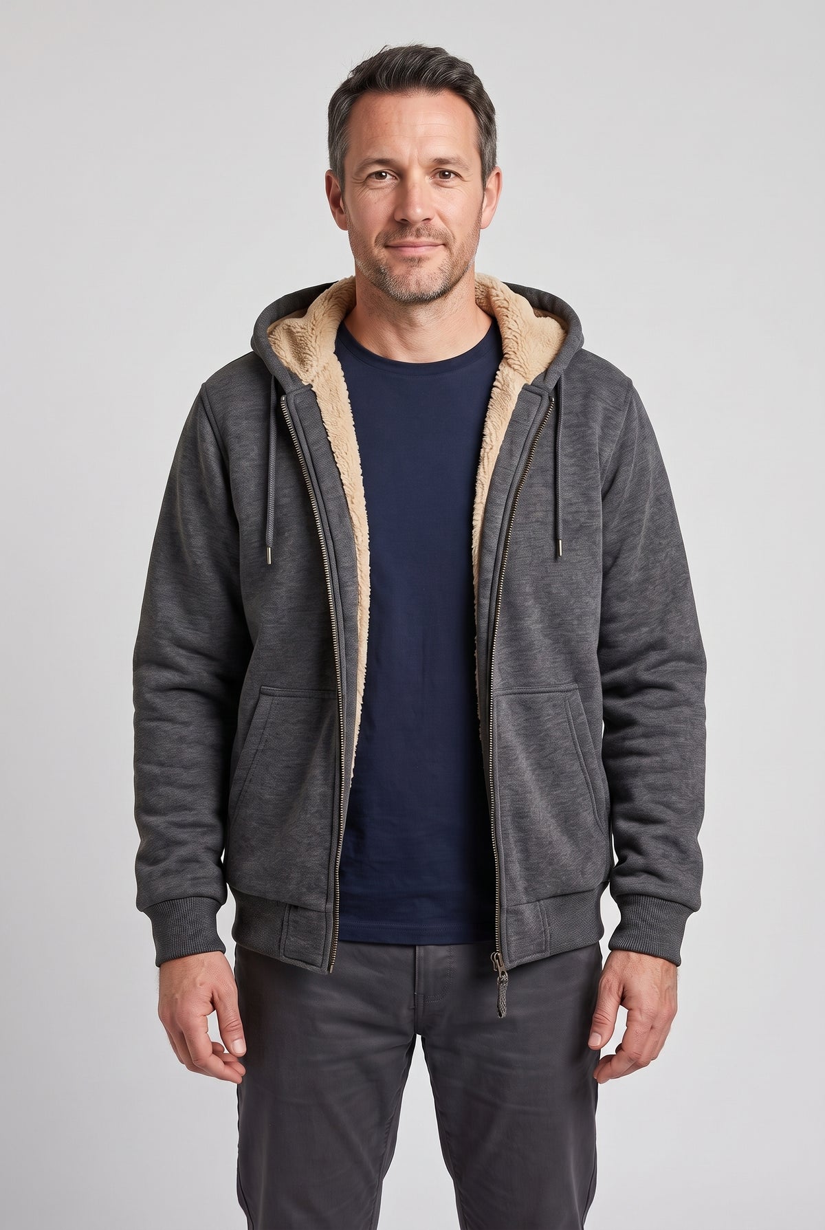 Men's Hoodie | Borg-Lined Zip-Up - Dark Grey
