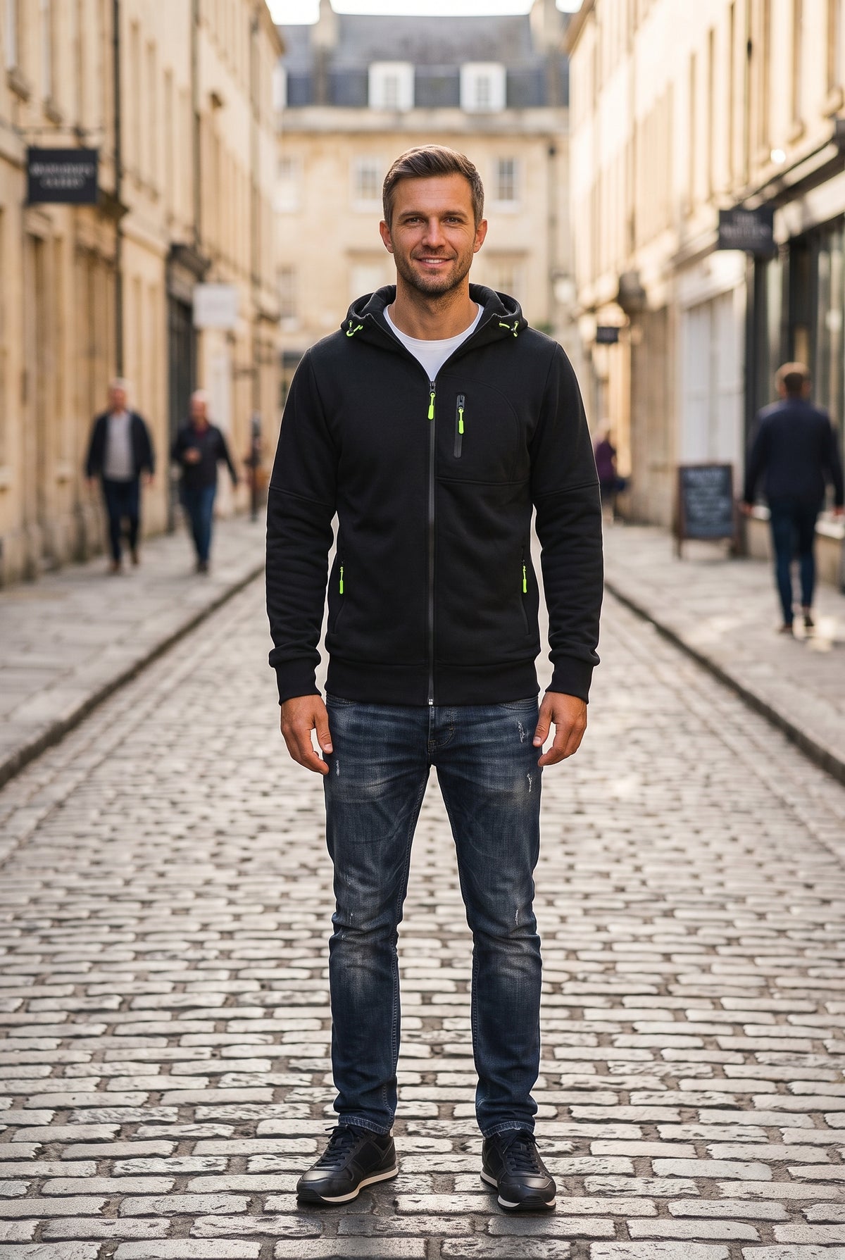 Men's Hoodie | Full Zip with Contrast Pocket Trims - Black lifestyle