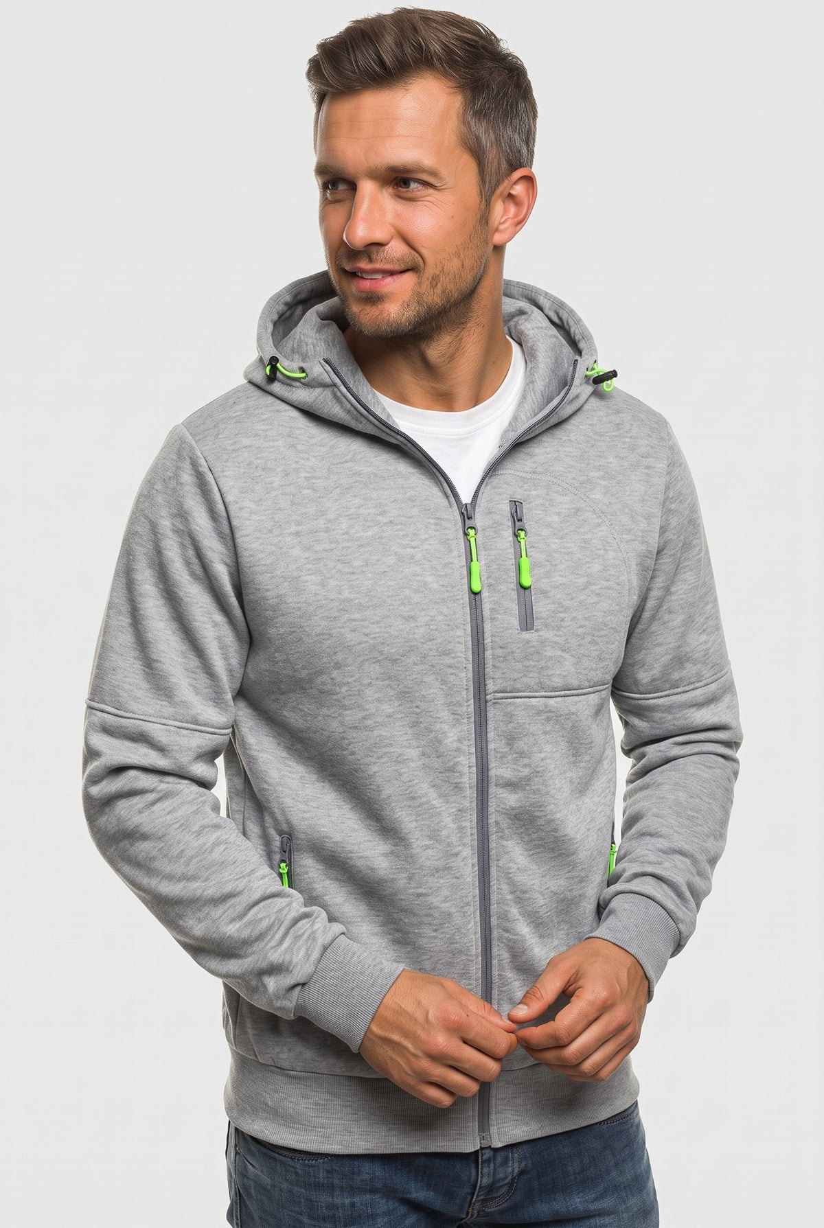 Men's Hoodie | Full Zip with Contrast Pocket Trims - Light Grey