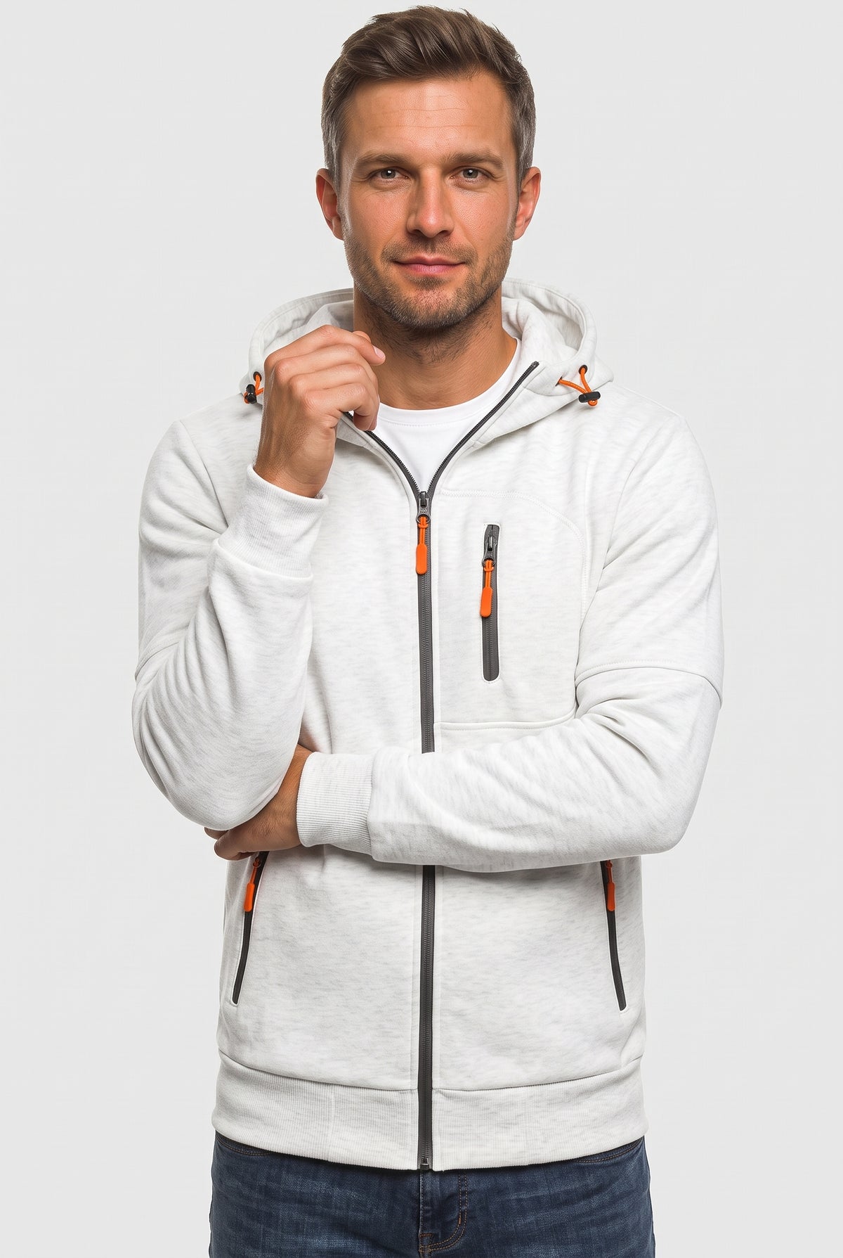 Men's Hoodie | Full Zip with Contrast Pocket Trims - White