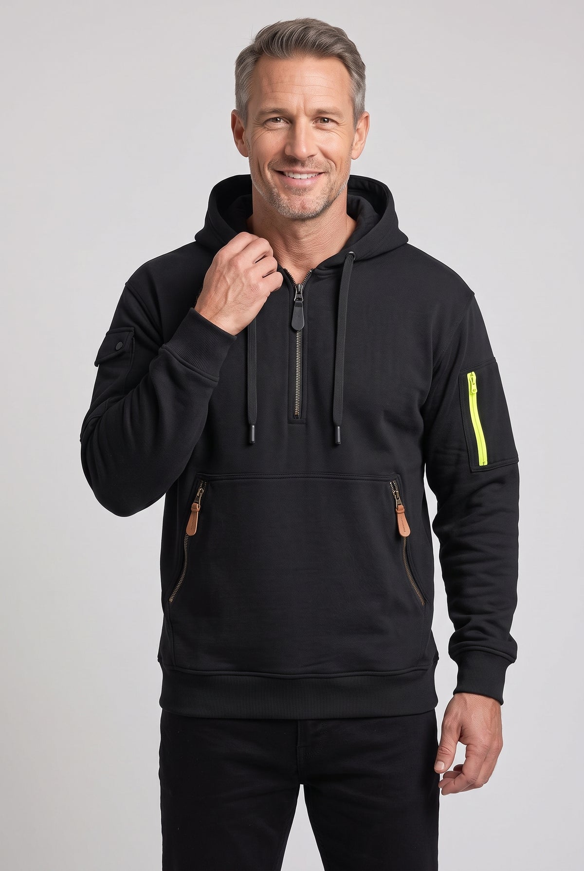 Men's Hoodie | Half Zip with Utility Pockets - Black