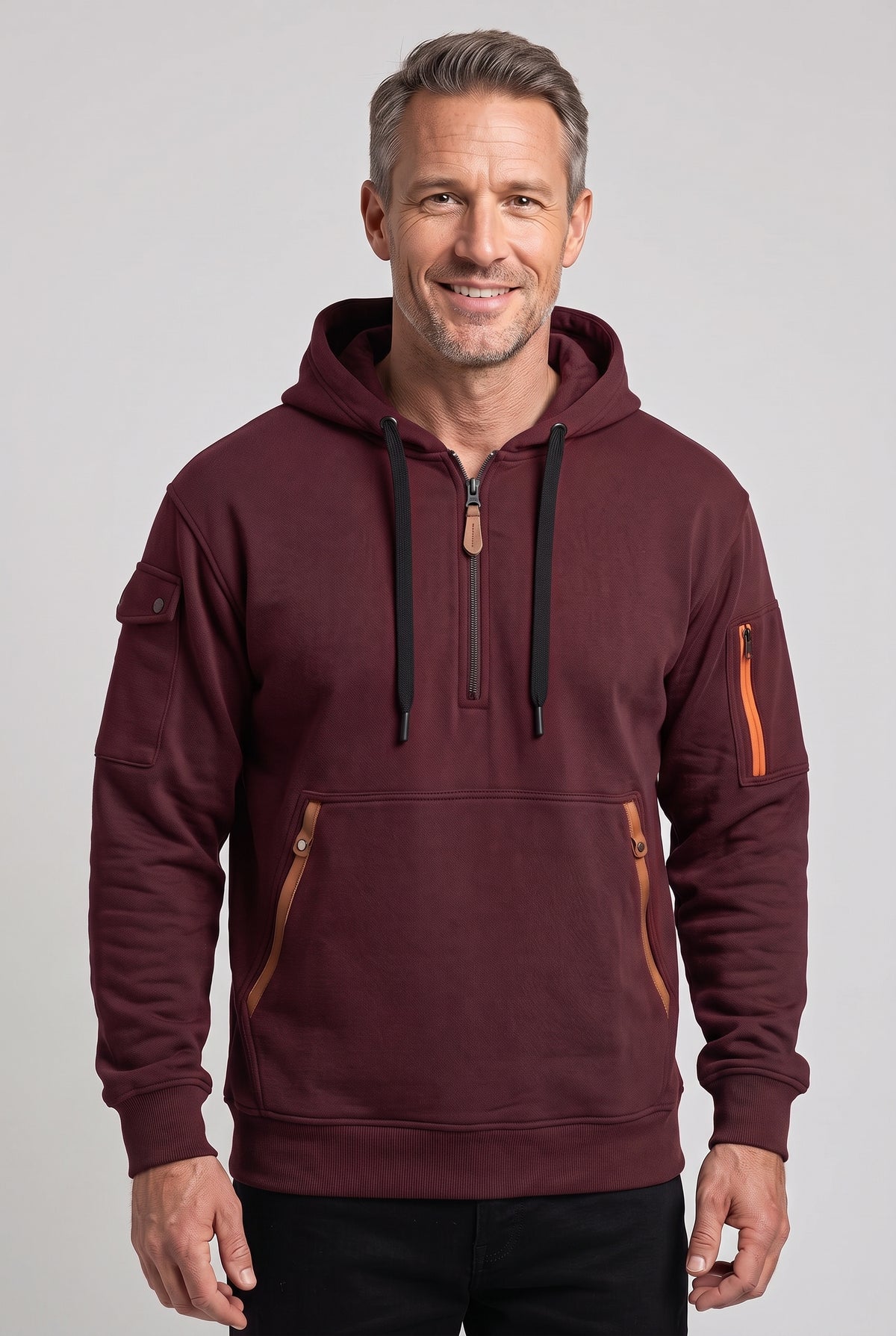 Men's Hoodie | Half Zip with Utility Pockets - Burgundy