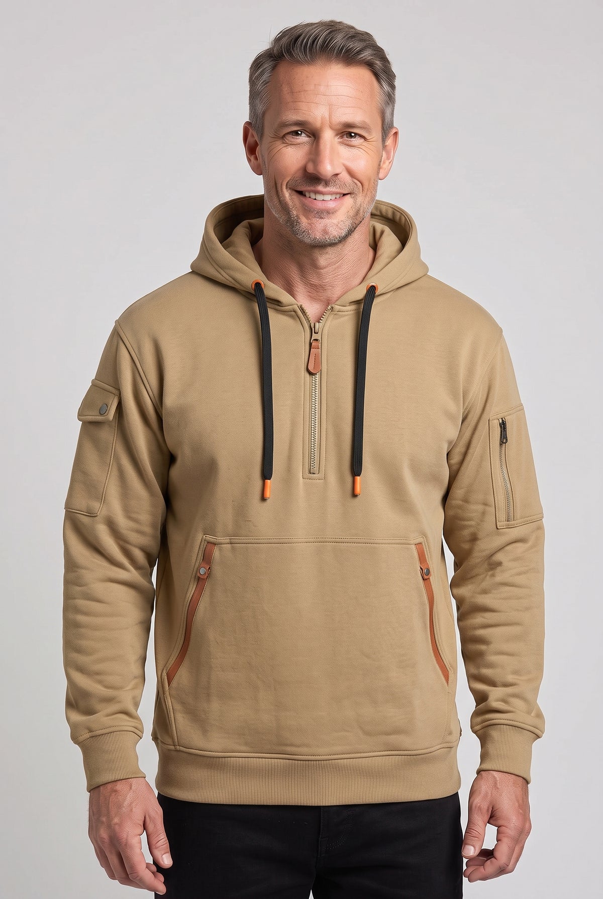 Men's Hoodie | Half Zip with Utility Pockets - Khaki