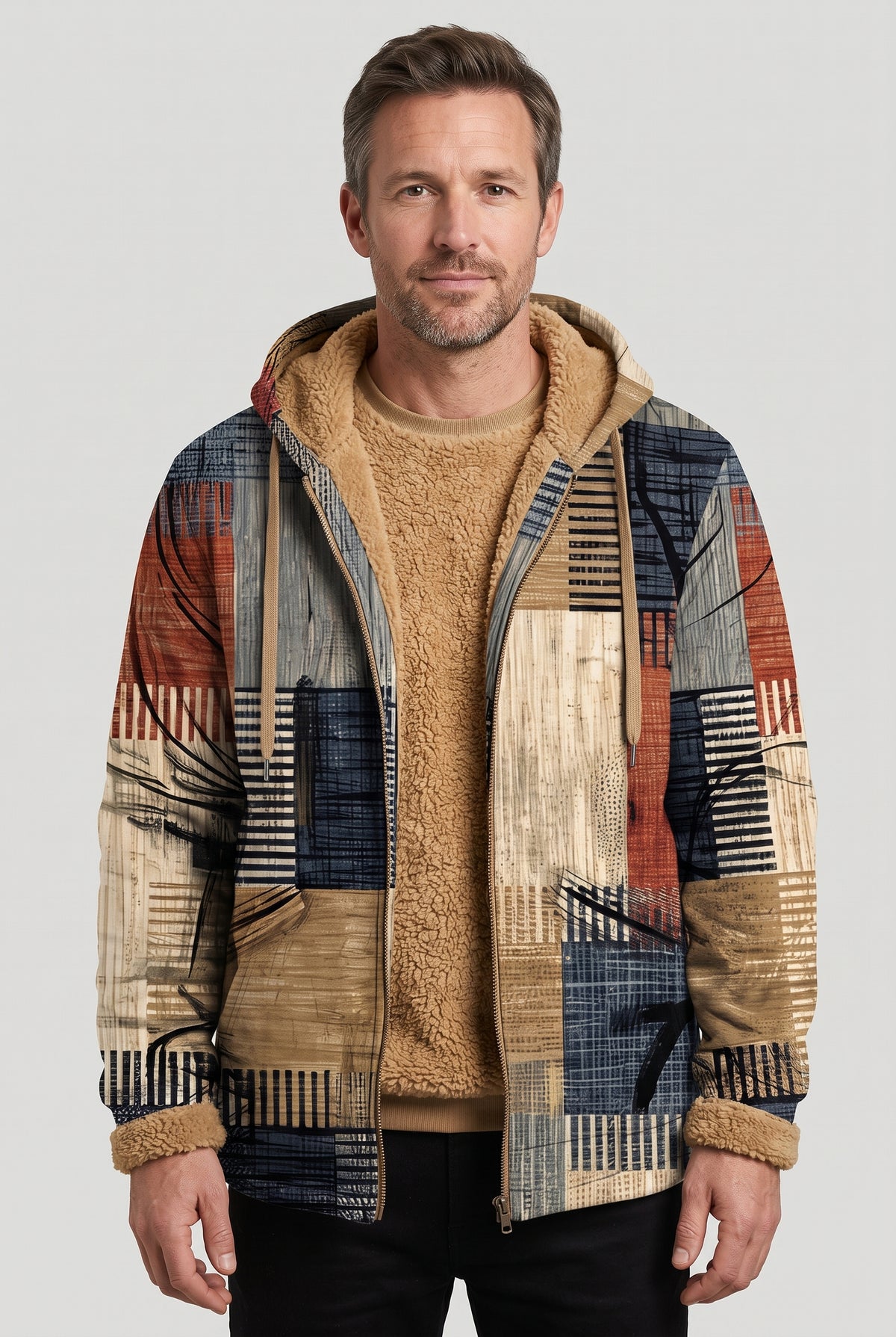 Men's Jacket | Borg-Lined Hooded with Patchwork Print - Brown Multi
