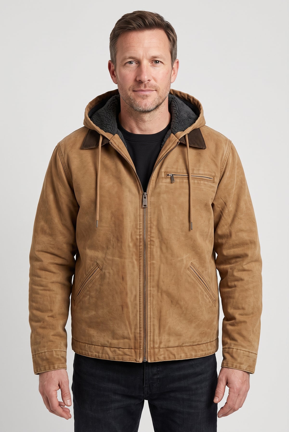 Men's Jacket | Canvas-Look Workwear with Fleece-Lined Hood - Brown