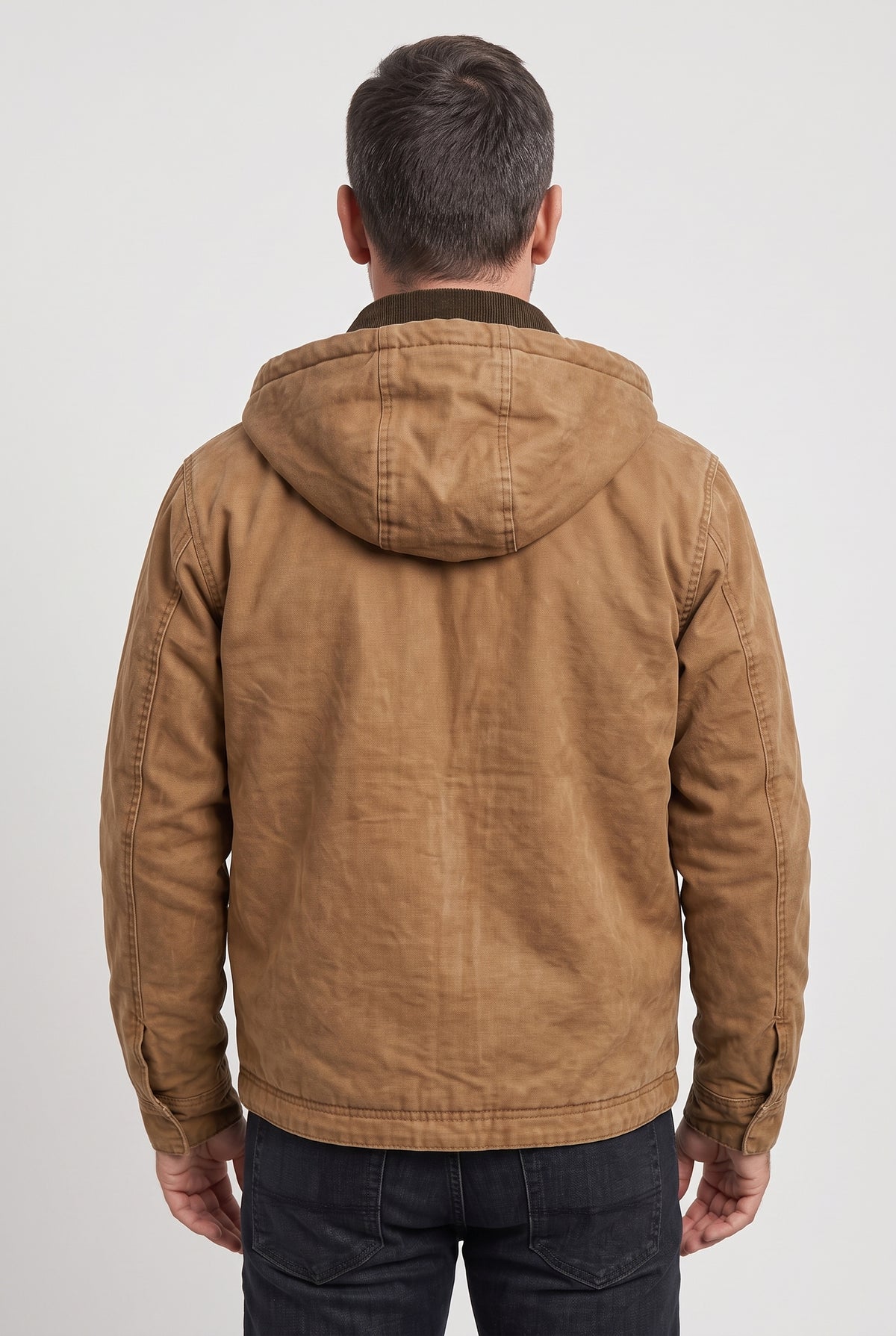 Men's Jacket | Canvas-Look Workwear with Fleece-Lined Hood - Brown back