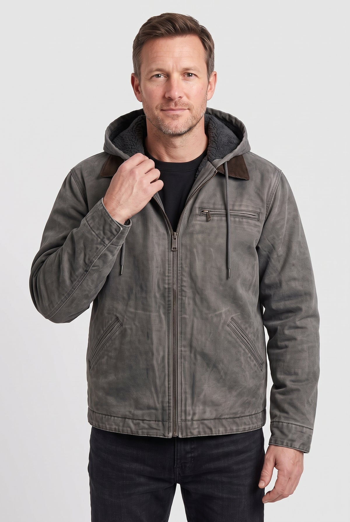 Men's Jacket | Canvas-Look Workwear with Fleece-Lined Hood - Grey