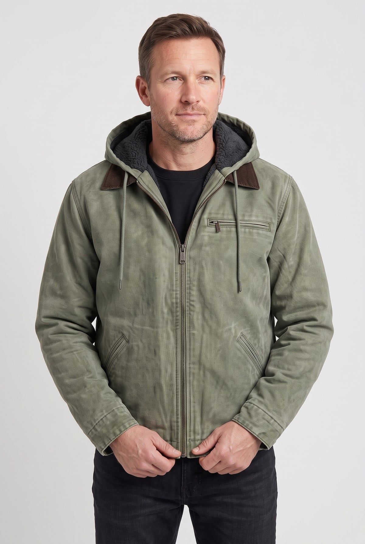 Men's Jacket | Canvas-Look Workwear with Fleece-Lined Hood - Sage Green