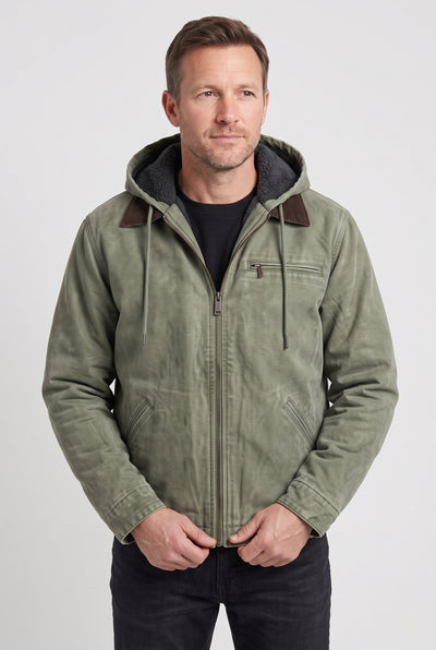Men's Jacket | Canvas-Look Workwear with Fleece-Lined Hood - Sage Green