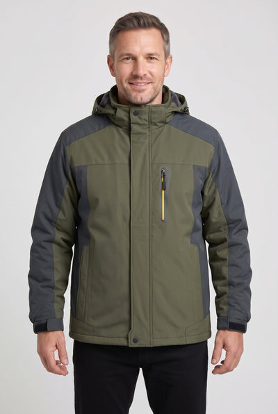 Men's Jacket | Fleece-Lined Hooded with Contrast Panels - Army Green
