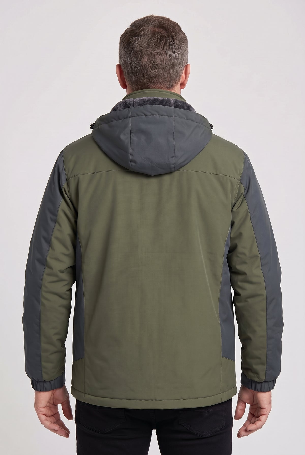 Men's Jacket | Fleece-Lined Hooded with Contrast Panels - Army Green back