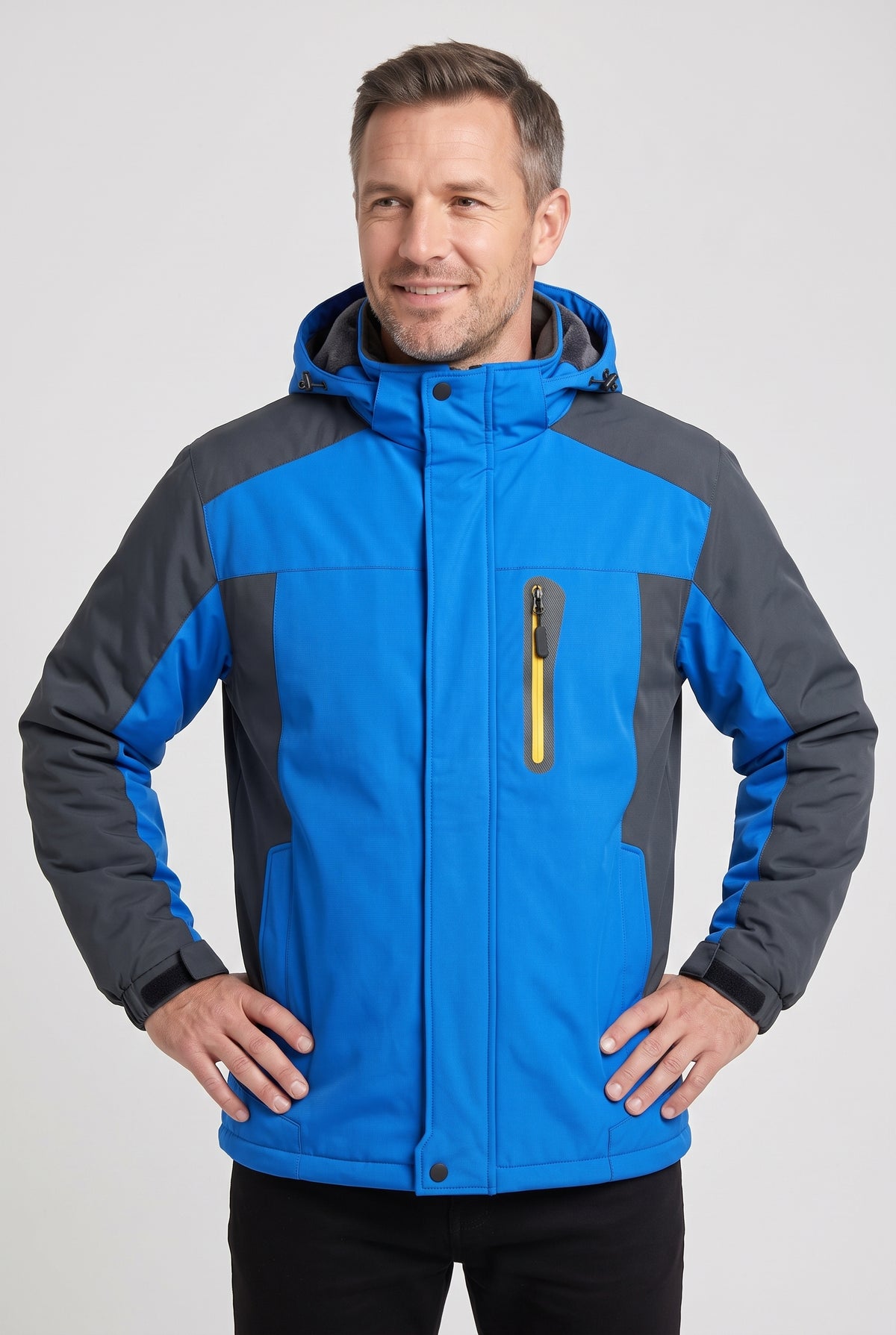 Men's Jacket | Fleece-Lined Hooded with Contrast Panels - Blue